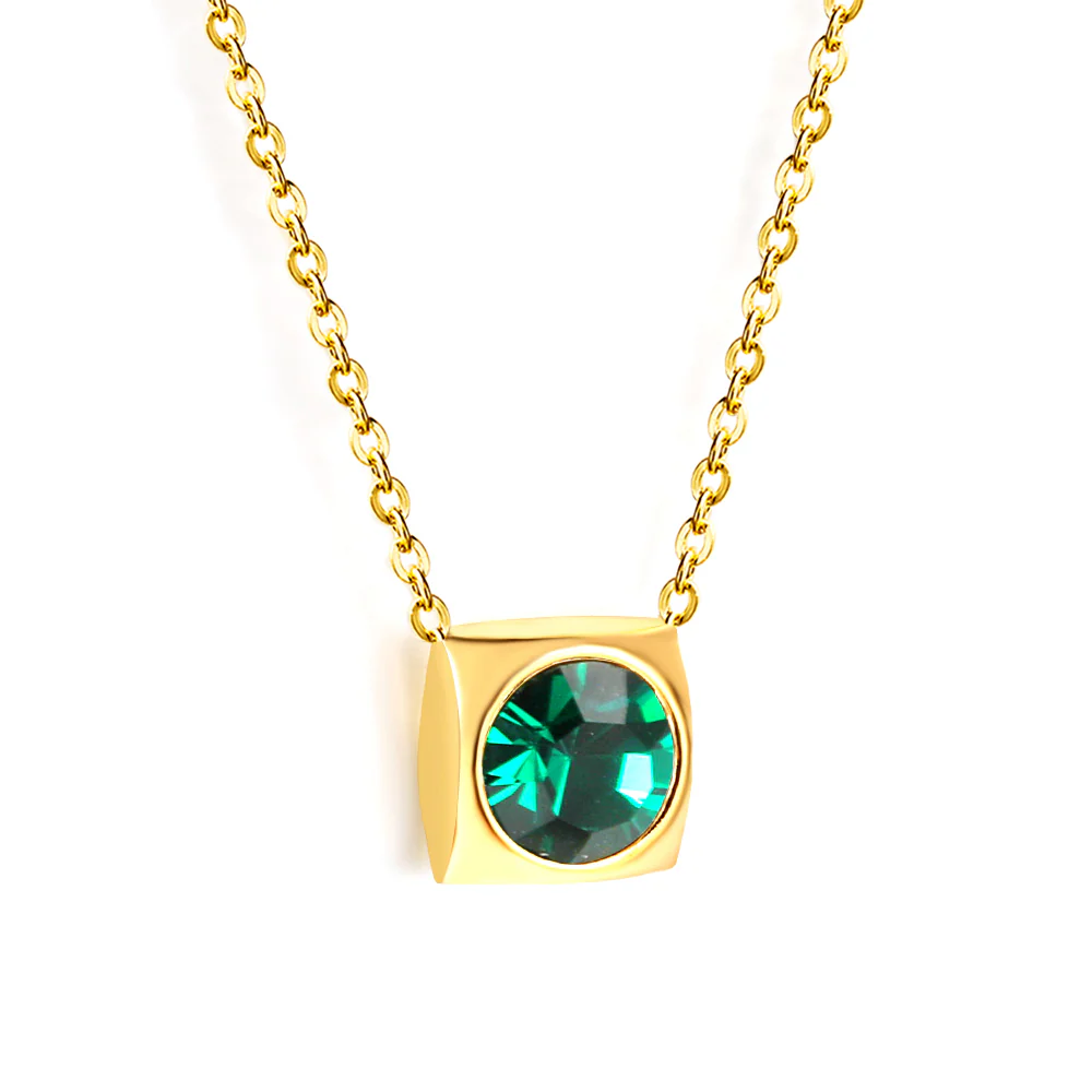 Stainless Steel Gold Color PVD Green CZ Square Necklace