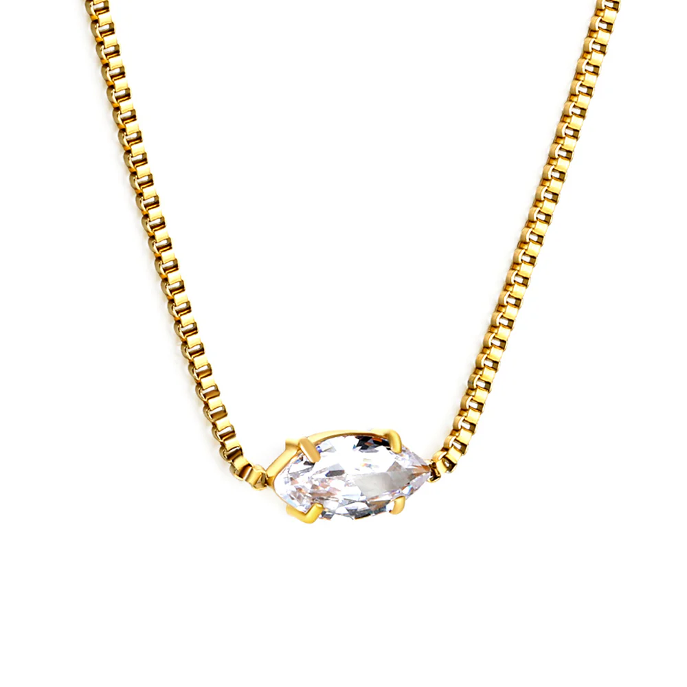 Stainless Steel Gold Color PVD White Diamond Pendant Necklace