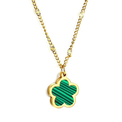 Stainless Steel Gold Color PVD Peach Blossom Shape With Green Shell Pendant Necklace