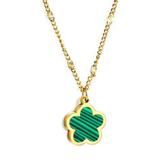 Stainless Steel Gold Color PVD Peach Blossom Shape With Green Shell Pendant Necklace