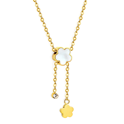 Stelluxe Stainless Steel Gold Color PVD White Shell Peach Blossom And Round CZ Pendant Necklace