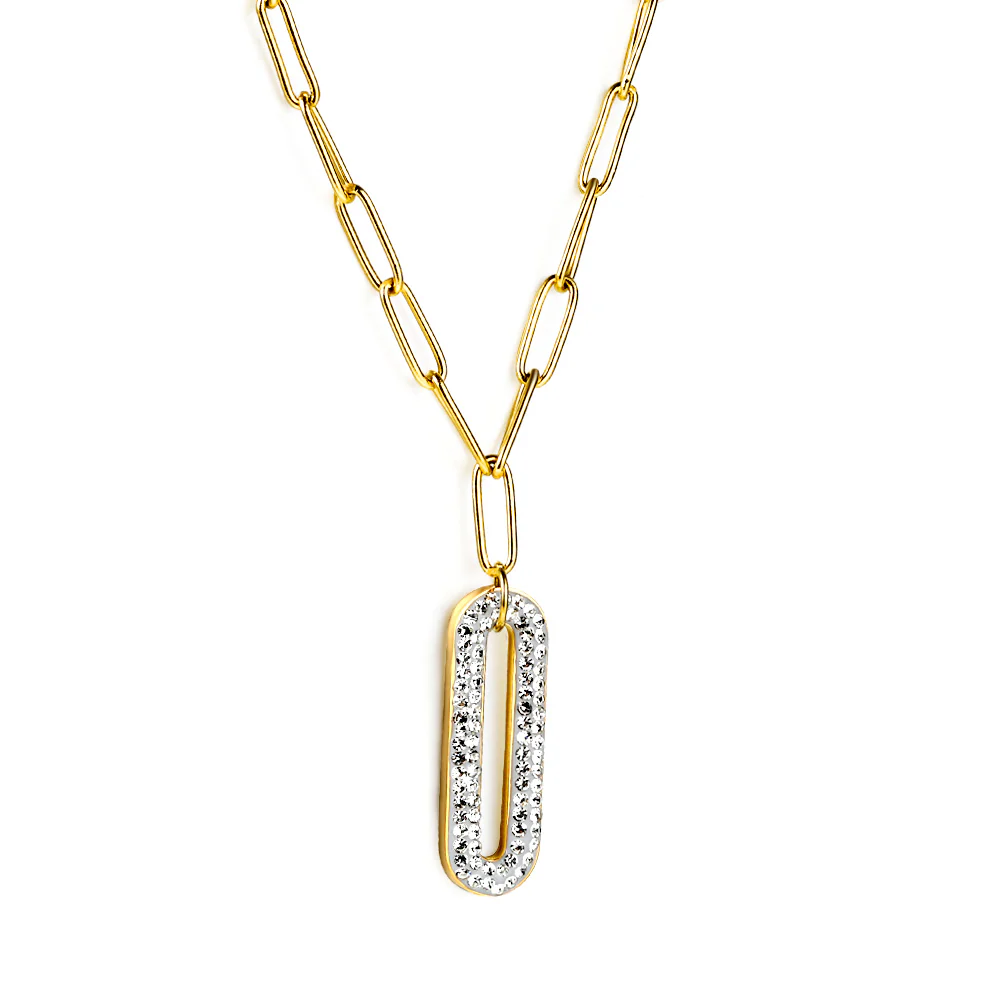 Stainless Steel Gold Color PVD Long Circle With White Clay Diamond Pendant Necklace