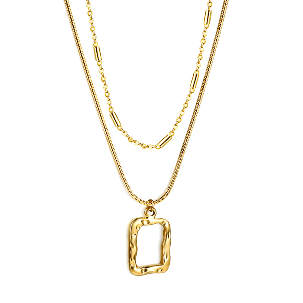 Stainless Steel Gold Color PVD Rectangle Hollow Circle Pendant With Double Chain Necklace