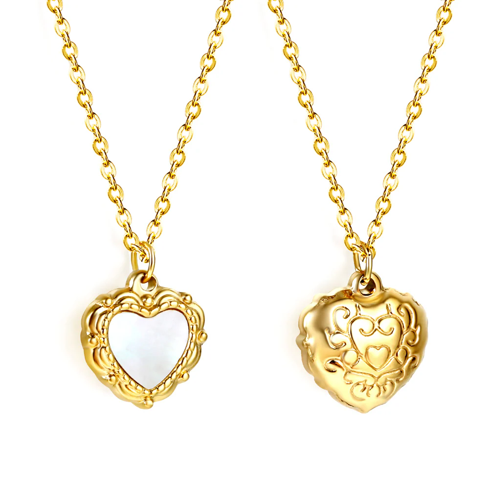 Stainless Steel Gold Color PVD Heart With White Shell Pendant Necklace