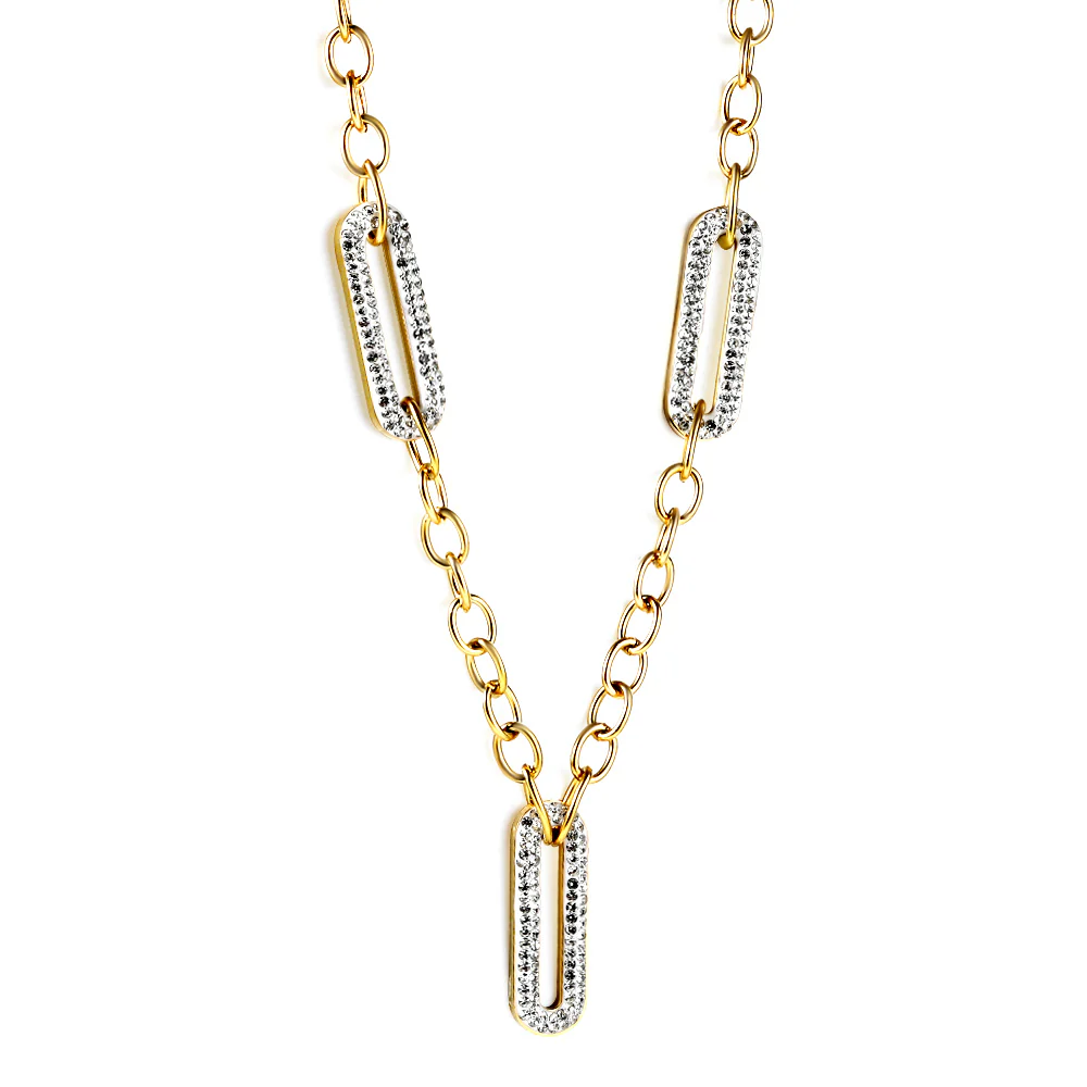 Stainless Steel Gold Color PVD Spring 3 Long Circle with Edge White Clay Diamond Pendant Necklace