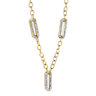 Stelluxe Stainless Steel Gold Color PVD Spring 3 Long Circle With Edge White Clay Diamond Pendant Necklace