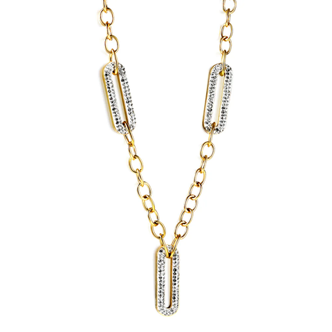 Stelluxe Stainless Steel Gold Color PVD Spring 3 Long Circle With Edge White Clay Diamond Pendant Necklace