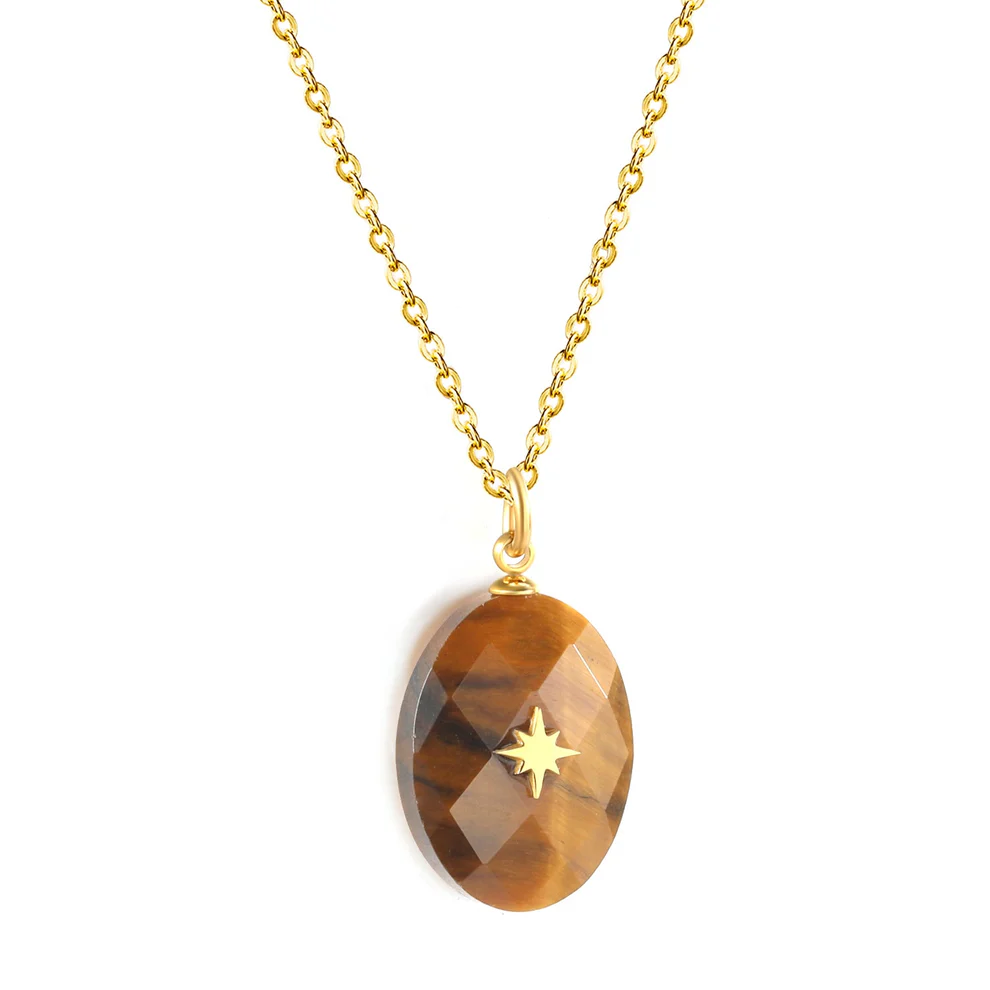 Stainless Steel Gold Color PVD Earthy Yellow Oval Stone With Gold Octopus Pendant Necklace