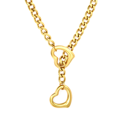 Stelluxe Stainless Steel Gold Color PVD Double Heart Pendant Six Faceted Chain Necklace