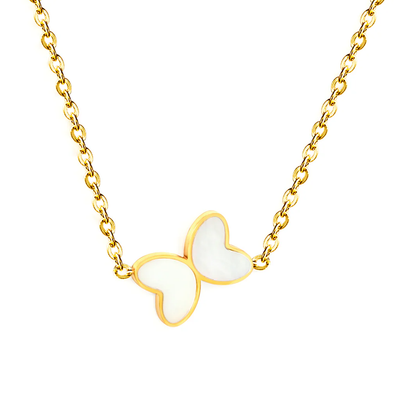 Stainless Steel Gold Color PVD Butterfly With White Shell Drop Pendant Necklace