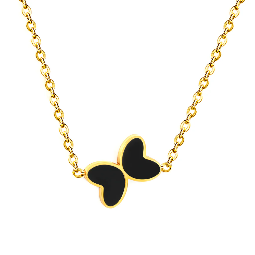 Stainless Steel Gold Color PVD Butterfly With Black Yak Drop Pendant Necklace
