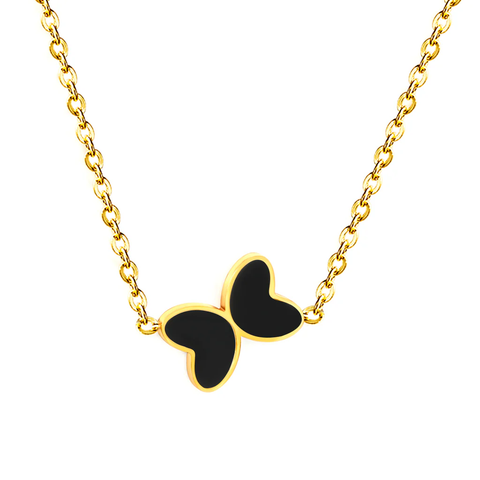 Stelluxe Stainless Steel Gold Color PVD Butterfly With Black Yak Drop Pendant Necklace