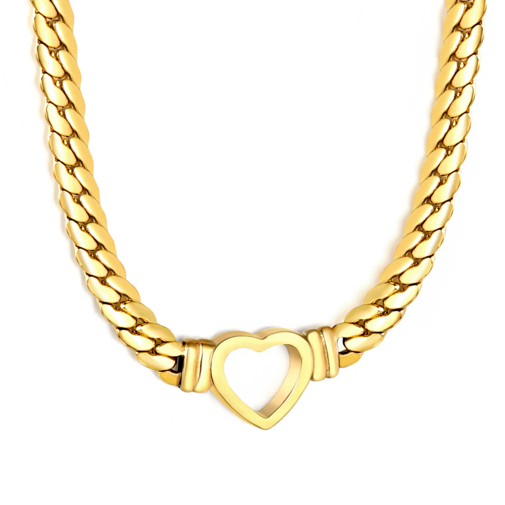 Stainless Steel Gold Color PVD Hollow Heart Shaped Pendant Dragon Chain Necklace