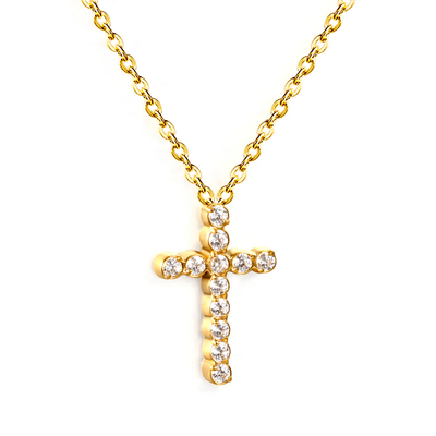 Stainless Steel Gold Color PVD Cross CNC White Zirconia Pendant 0.3mm Cross Chain Necklace
