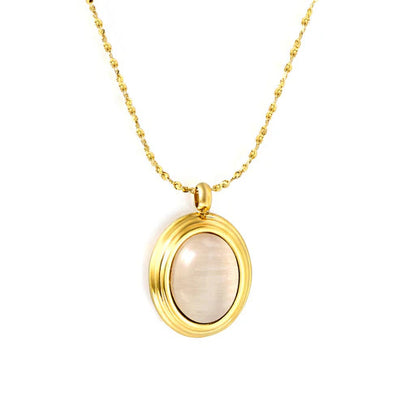 Stainless Steel Gold Color PVD Oval With White Pendant Round Necklace
