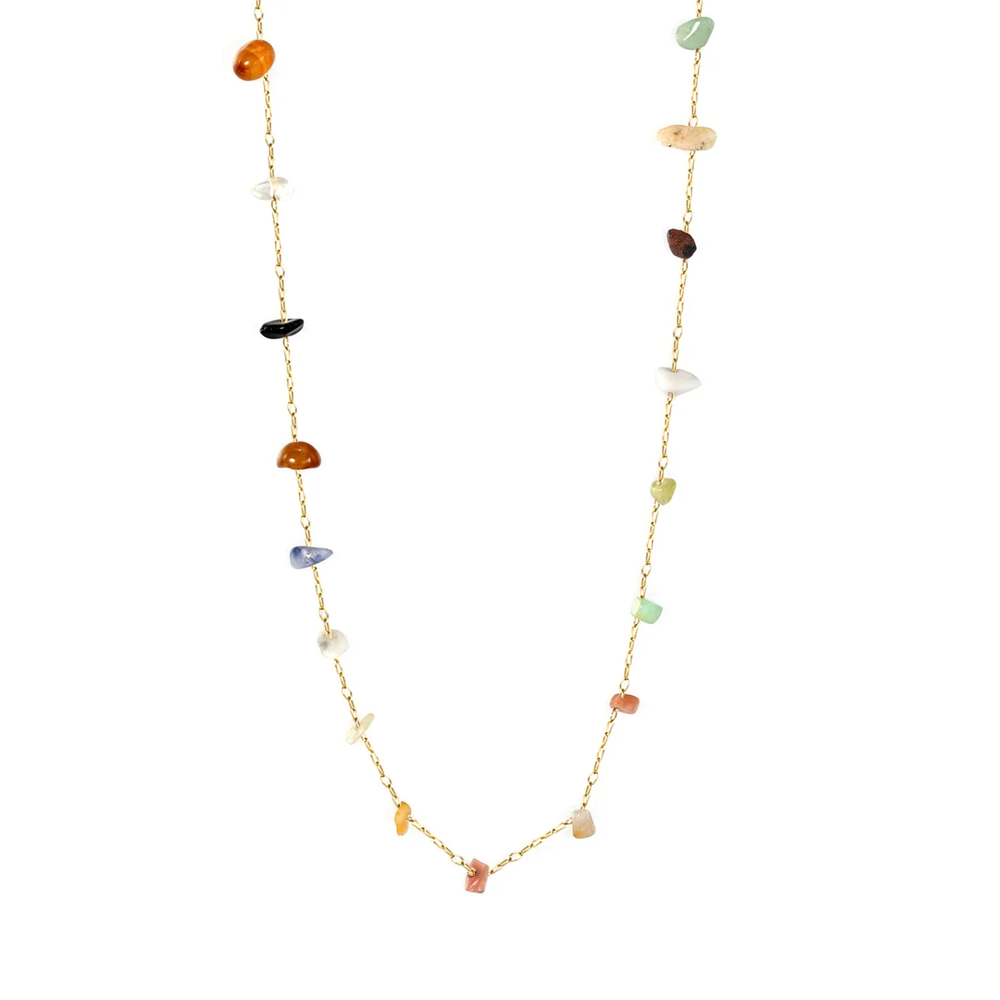 Stainless Steel Gold Color PVD Mixed Color Stone Cross Elongated Chain Necklace