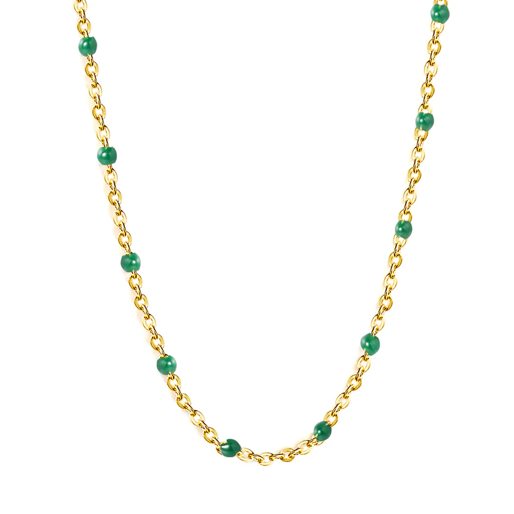 Stainless Steel Gold Color PVD Deep Green Drip Resin Necklace