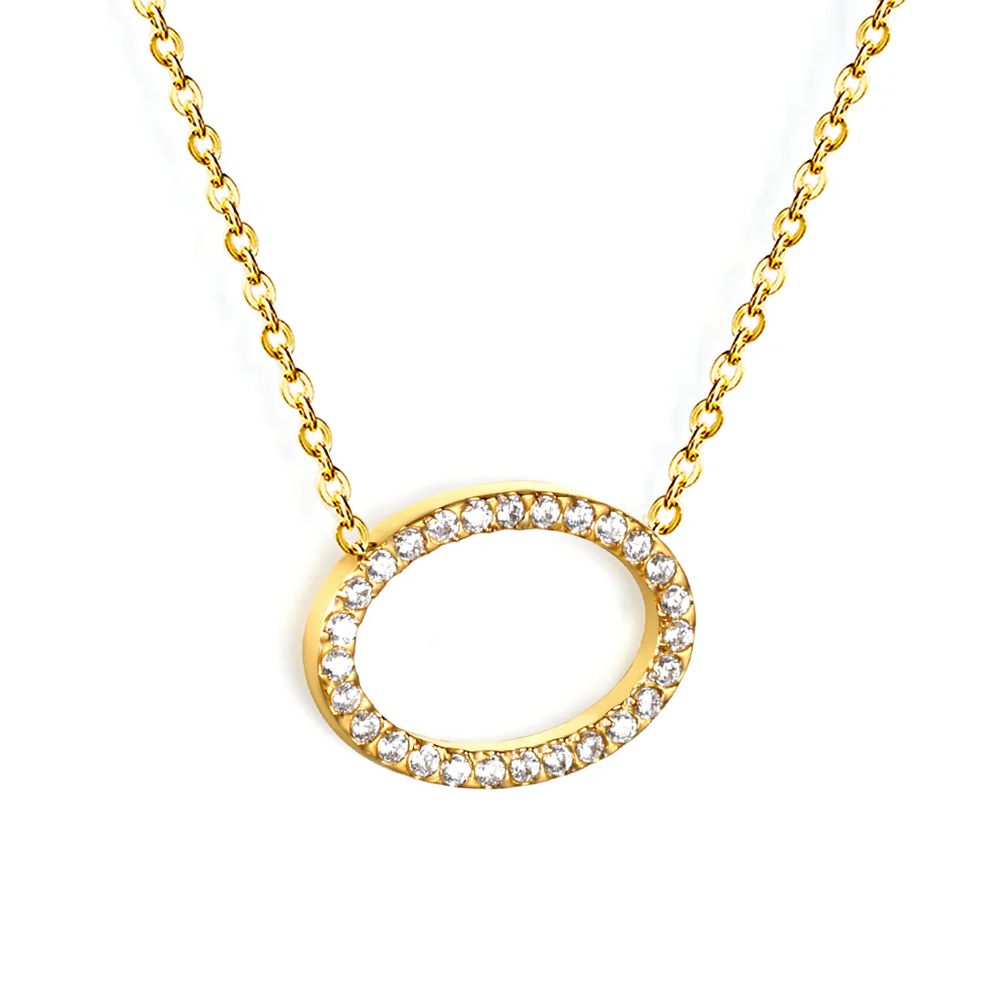 Stainless Steel Gold Color PVD Oval CNC White Zirconia Pendant 0.3mm Cross Chain Necklace