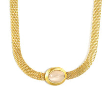 Load image into Gallery viewer, Stainless Steel Gold Color PVD Oval With White Cat's Eye Mesh Chain Round Necklace