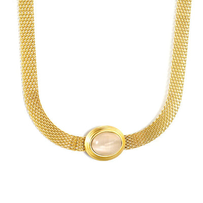 Stainless Steel Gold Color PVD Oval With White Cat's Eye Mesh Chain Round Necklace