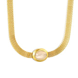 Stainless Steel Gold Color PVD Oval With White Cat's Eye Mesh Chain Round Necklace