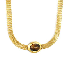 Load image into Gallery viewer, Stainless Steel Gold Color PVD Oval With Tiger Eye Mesh Chain Round Necklace