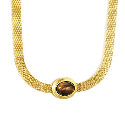 Stainless Steel Gold Color PVD Oval With Tiger Eye Mesh Chain Round Necklace