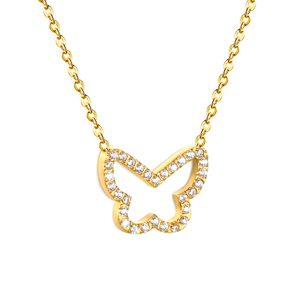 Stainless Steel Gold Color PVD Butterfly CNC White Zirconia Pendant 0.3mm Cross Chain Necklace