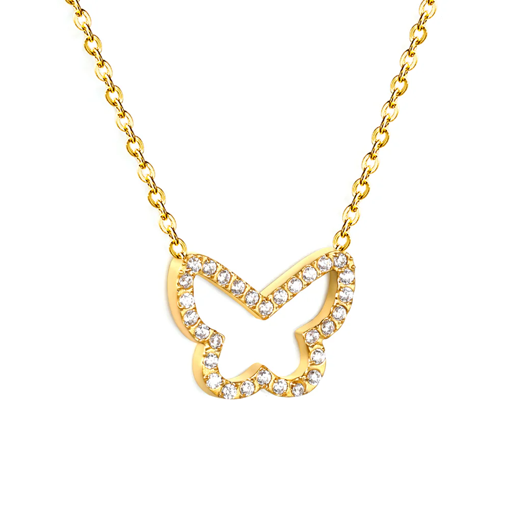 Stelluxe Stainless Steel Gold Color PVD Butterfly CNC White Zirconia Pendant 0.3mm Cross Chain Necklace