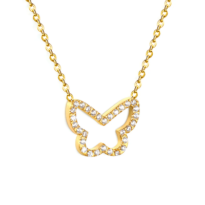 Stelluxe Stainless Steel Gold Color PVD Butterfly CNC White Zirconia Pendant 0.3mm Cross Chain Necklace