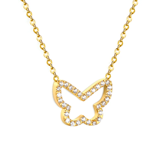 Tresoli Stainless Steel Gold Color PVD Butterfly CNC White Zirconia Pendant 0.3mm Cross Chain Necklace