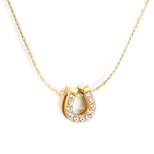 Load image into Gallery viewer, Stelluxe Stainless Steel Gold Color PVD U Shaped Hollow Diamond Pendant With Cross Hammer Round Chain Necklace