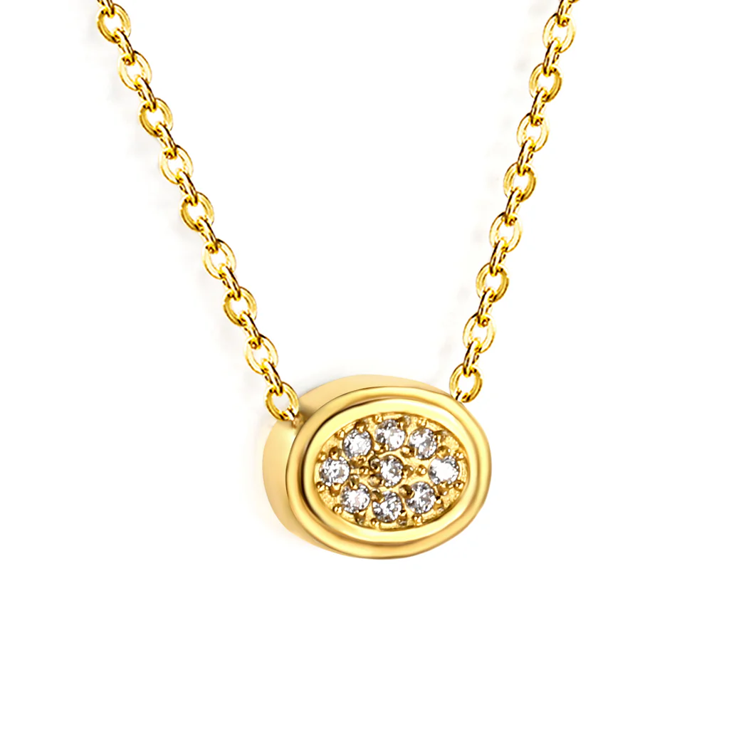 Stelluxe Stainless Steel Gold Color PVD Beveled Oval CNC White Zirconia Pendant 0.3mm Cross Chain Necklace