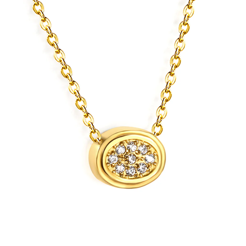 Stelluxe Stainless Steel Gold Color PVD Beveled Oval CNC White Zirconia Pendant 0.3mm Cross Chain Necklace