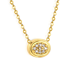 Tresoli Stainless Steel Gold Color PVD Beveled Oval CNC White Zirconia Pendant 0.3mm Cross Chain Necklace