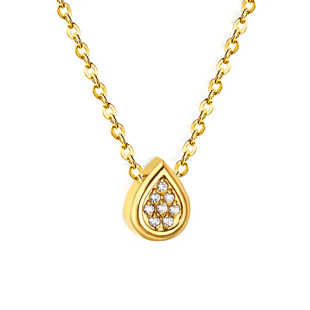 Stainless Steel Gold Color PVD Convex Teardrop CNC Zirconia Pendant 0.3mm Cross Chain Necklace