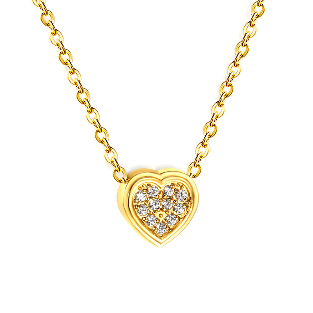 Stainless Steel Gold Color PVD Convex Heart CNC Zirconia Pendant 0.3mm Cross Chain Necklace