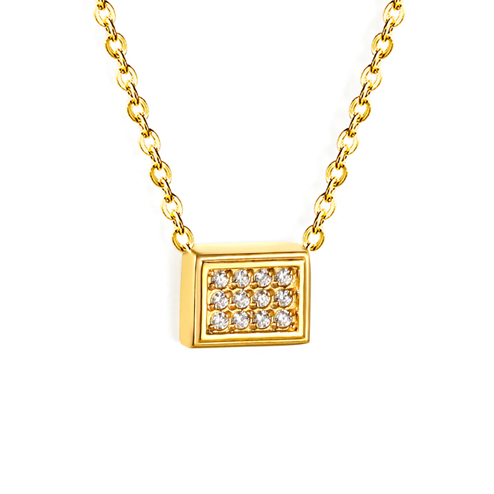 Stainless Steel Gold Color PVD Beveled Rectangular CNC White Zirconia Pendant 0.3mm Cross Chain Necklace