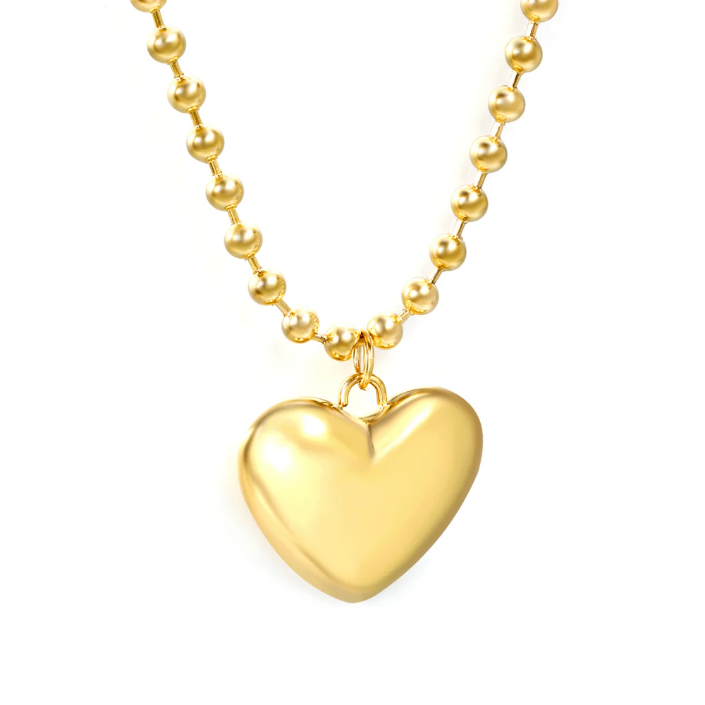 Stainless Steel Gold Color PVD Round Plague Hollow Heart Pendant Necklace With 4.0 Wave Bead Chain