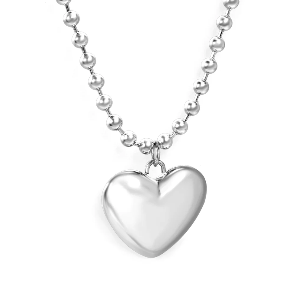 Stainless Steel Color PVD Wave Bead Chain Hollow Heart Pendant Necklace With Round Plaque