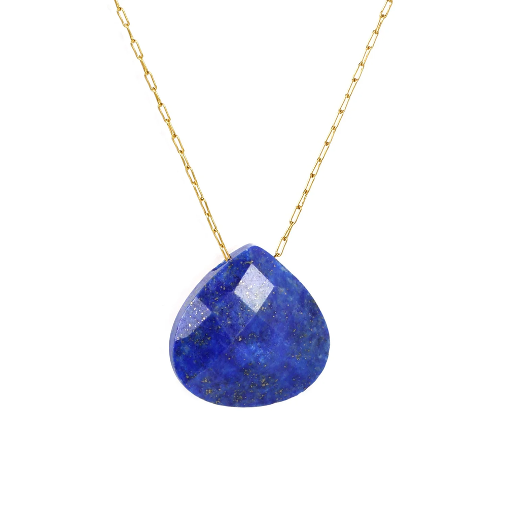 Stainless Steel Gold Color PVD Dark Blue Stone Elongated Chain Necklace