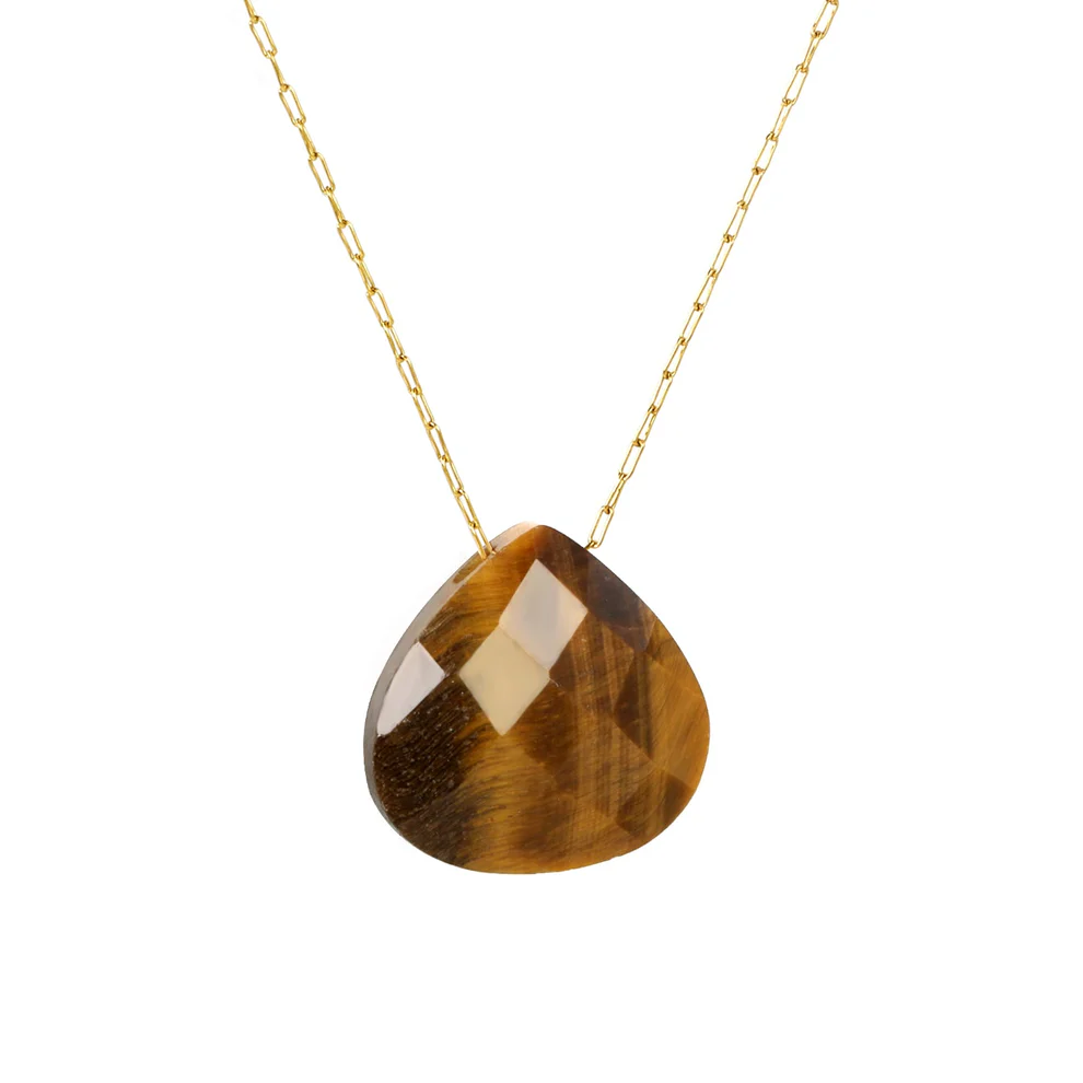 Stainless Steel Gold Color PVD Yellow Tiger Stone Elongated Chain Necklace