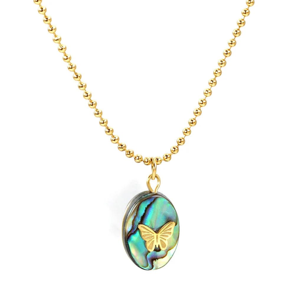 Stainless Steel Gold Color PVD Oval Abalone Shell With Butterfly Pendant Necklace