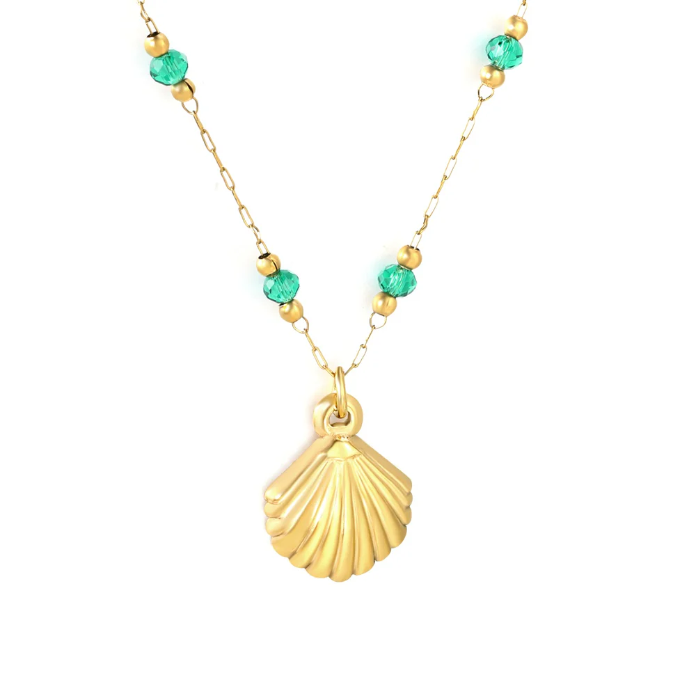 Tresoli Stainless Steel Gold Color PVD Green And Gold Beads Shell Pendant Elongated Chain Necklace