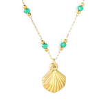 Tresoli Stainless Steel Gold Color PVD Green And Gold Beads Shell Pendant Elongated Chain Necklace