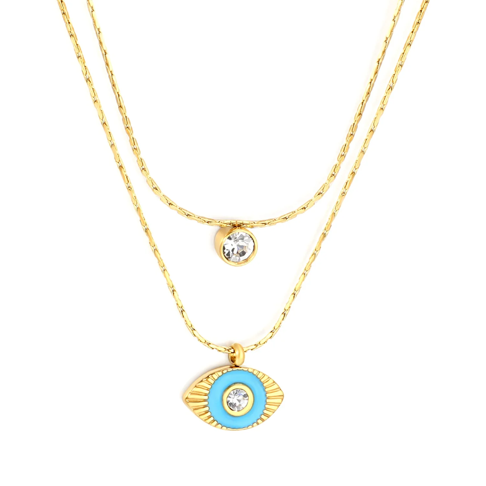 Stainless Steel Gold Color PVD Horizontal Eye Drop Light Blue Oil Stick White Diamond With Round Pendant Necklace