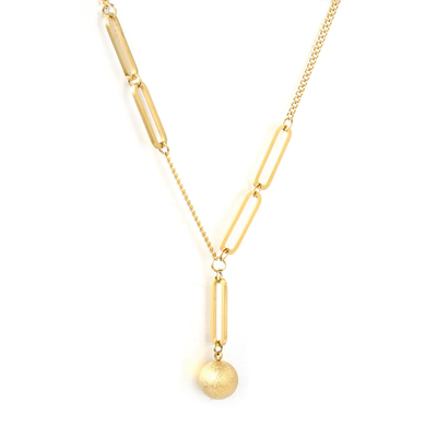 Tresoli Stainless Steel Gold Color PVD Paperclip Chain With Sand Bead Pendant Necklace