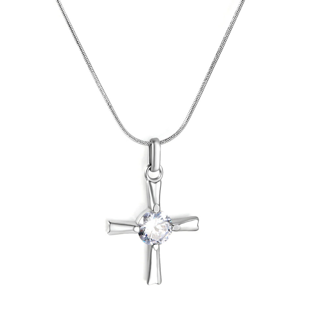 Stainless Steel Color PVD Cross White Zirconia Round Snake Chain Necklace