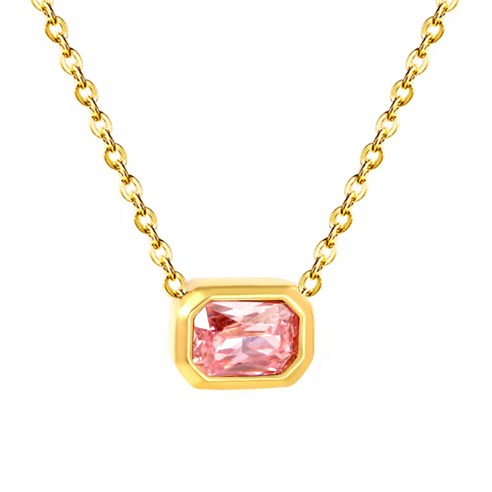 Stainless Steel Gold Color PVD Pink Zirconia Cross Chain Round Pendant Necklace