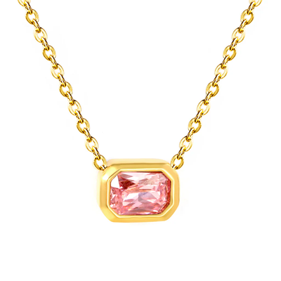 Stelluxe Stainless Steel Gold Color PVD Pink Zirconia Cross Chain Round Pendant Necklace